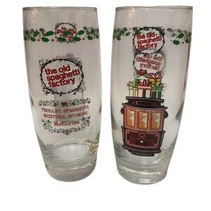 The Old Spaghetti Factory Pair Glasses I Love Mizithra Clear Glass Cup Trolley
